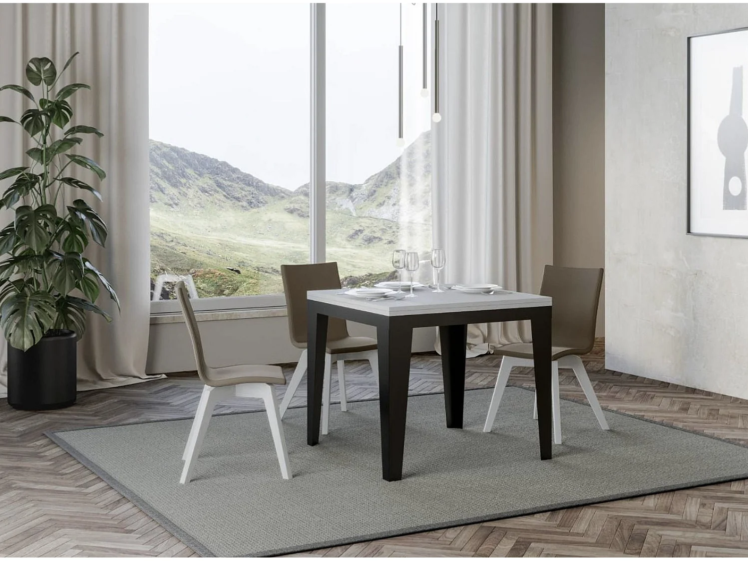 Vierkante uitschuifbare tafel 4 tot 6 plaatsen L 90 tot 180 cm wit hout en antraciet metalen poten Librio