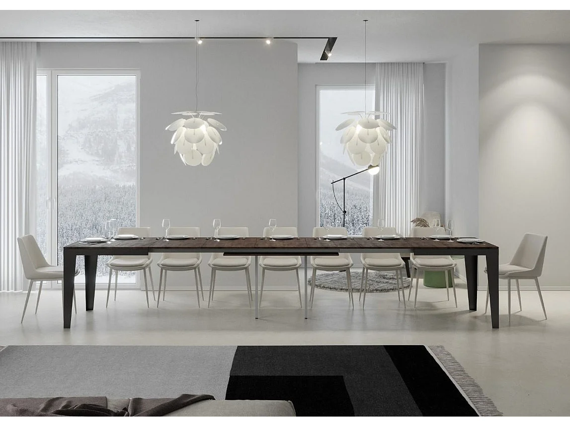 Table rectangulaire extensible 6 à 20 places L 160 à 420cm bois foncé et pieds acier gris foncé Flavien