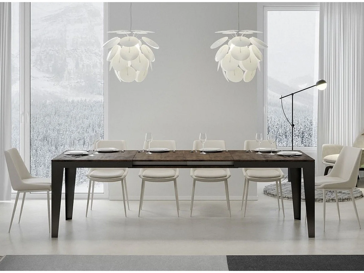 Table rectangulaire extensible 6 à 20 places L 160 à 420cm bois foncé et pieds acier gris foncé Flavien