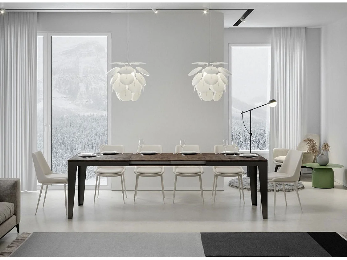 Table rectangulaire extensible 6 à 20 places L 160 à 420cm bois foncé et pieds acier gris foncé Flavien