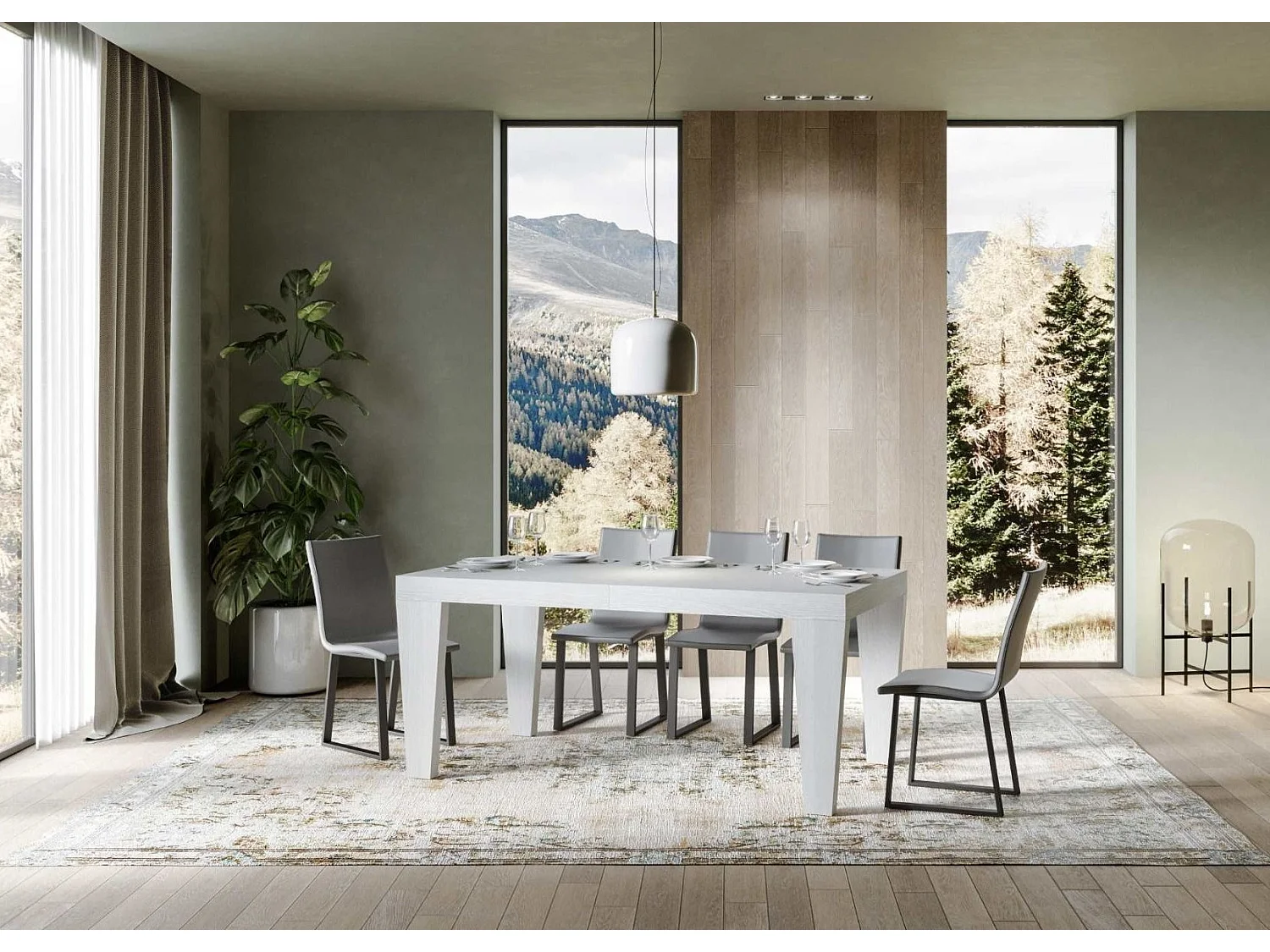 Mesa de comedor extensible de madera Kristo patas en V-Color Blanco-Soporte 4 pies-5 alargaderas finas-Ancho extensible