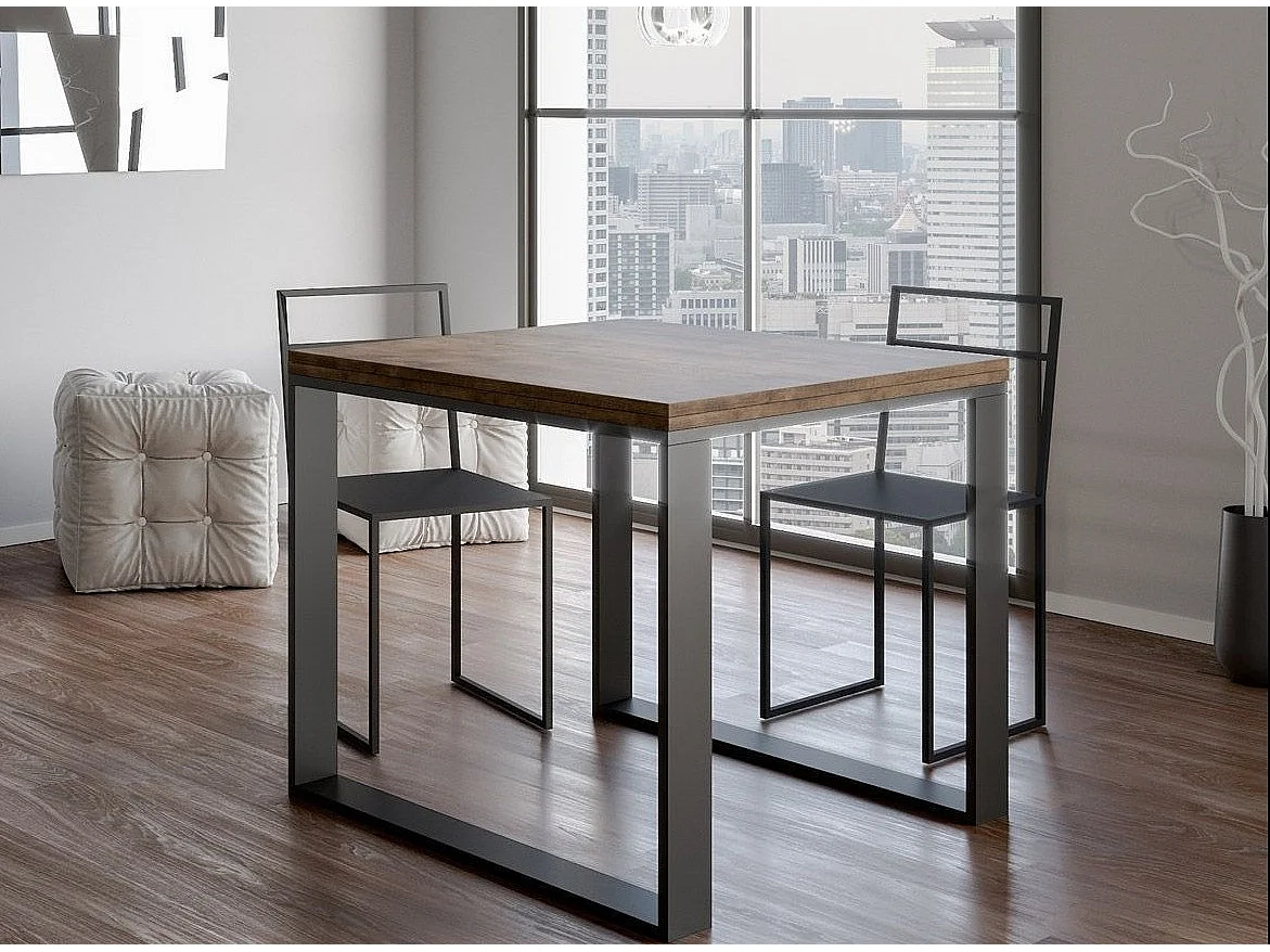 Table carrée extensible 90 à 180cm bois foncé et métal anthracite Likro