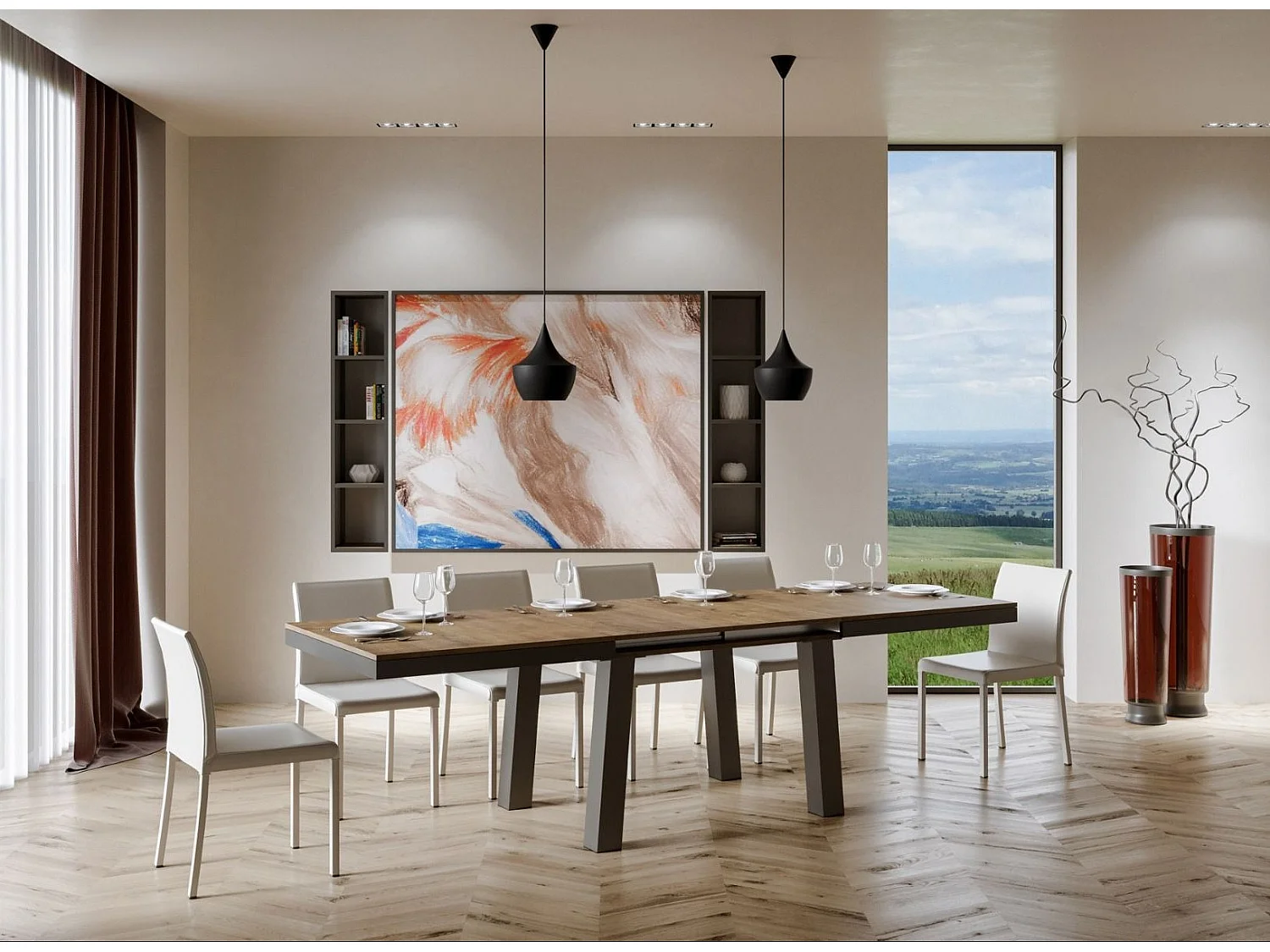 Table extensible 8 à 20 places L 180 à 440cm bois foncé et cadre métal anthracite Bidy