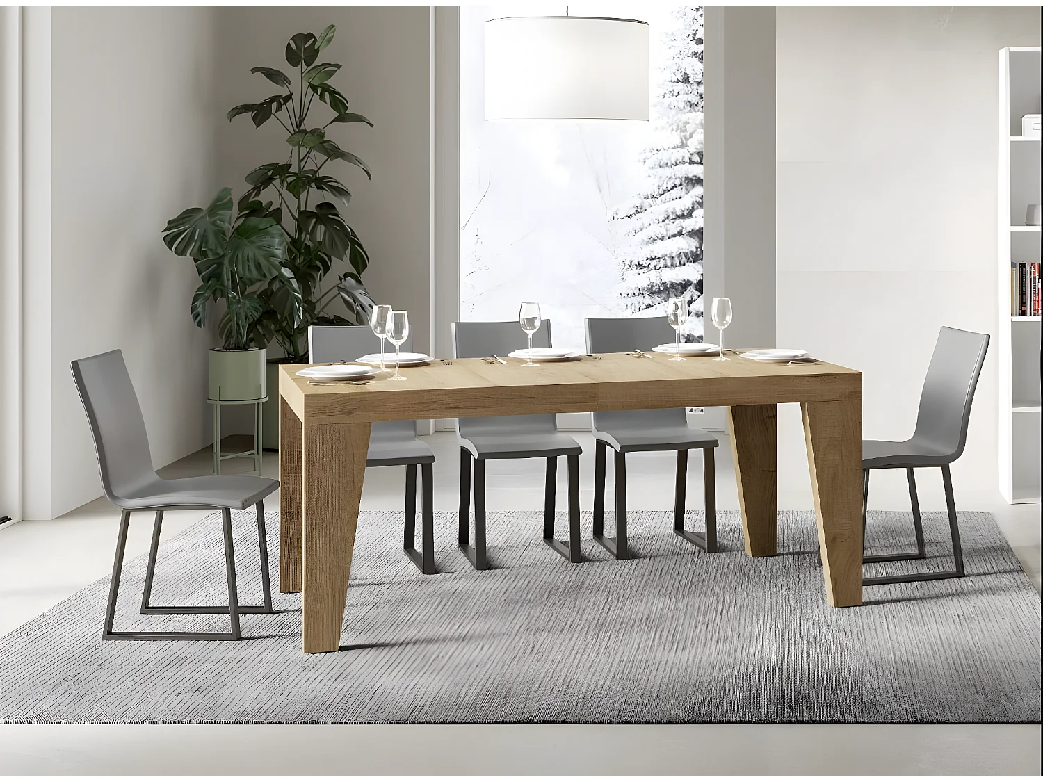 Mesa de comedor extensible de madera Naxo.-Color Natural-Soporte 2 pies-Alargaderas -Ancho extensible