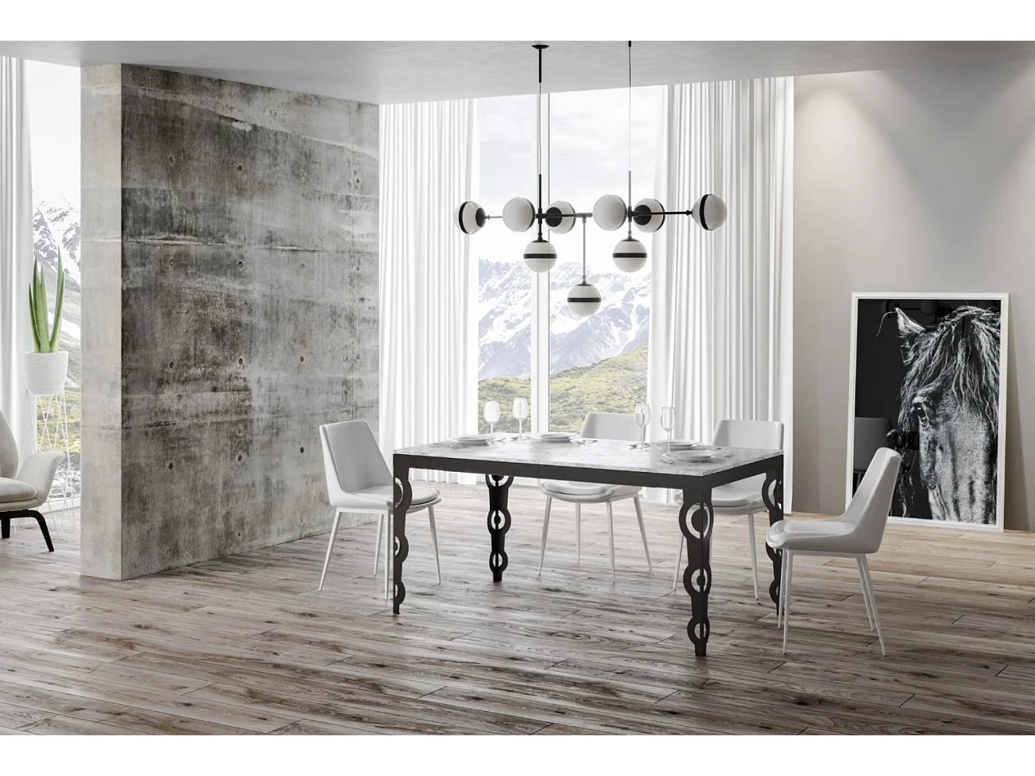 Table rectangulaire extensible orientale 6 à 20 personnes L 180 à 440cm blanc effet marbre et cadre métal anthracite Zakary