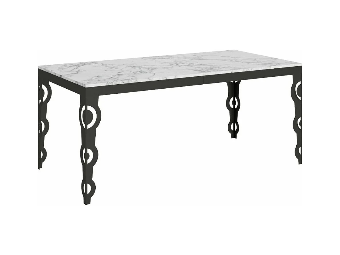 Table rectangulaire extensible orientale 6 à 20 personnes L 180 à 440cm blanc effet marbre et cadre métal anthracite Zakary