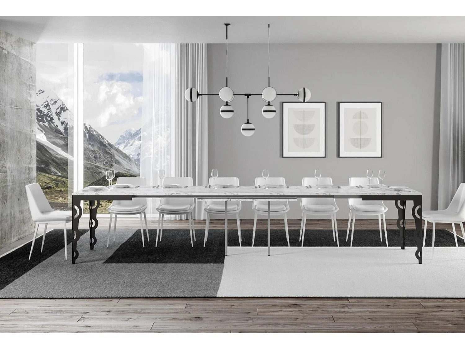 Table rectangulaire extensible orientale 6 à 20 personnes L 180 à 440cm blanc effet marbre et cadre métal anthracite Zakary