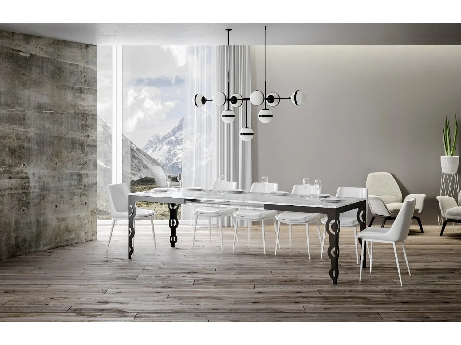 Table rectangulaire extensible orientale 6 à 20 personnes L 180 à 440cm blanc effet marbre et cadre métal anthracite Zakary