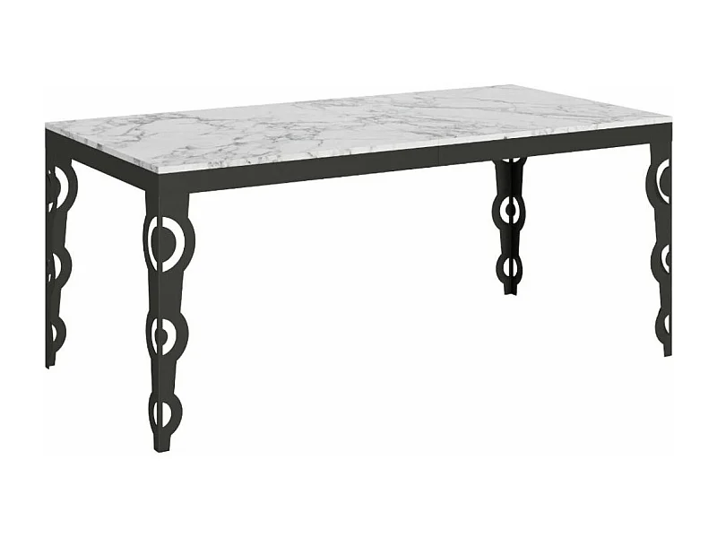 Oosterse uitschuifbare rechthoekige tafel voor 6 tot 20 personen L 180 tot 440 cm wit marmereffect en antraciet metalen frame Zakary