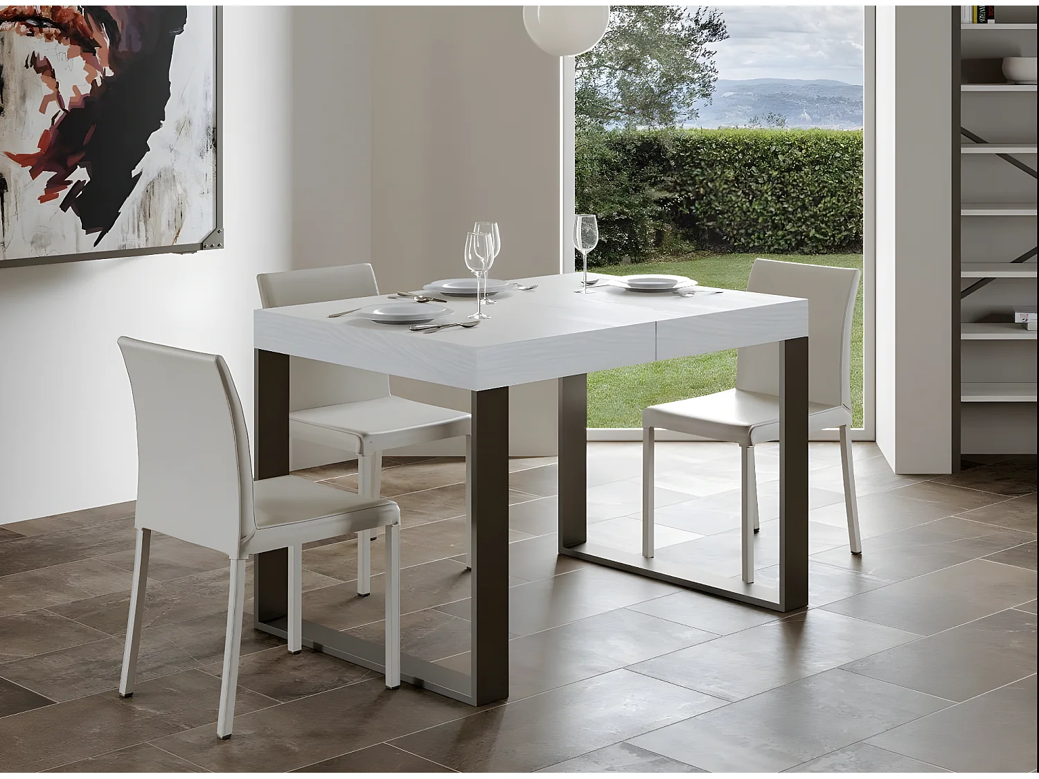 Table extensible 130 à 390cm blanche et pieds métal anthracite Tiroz