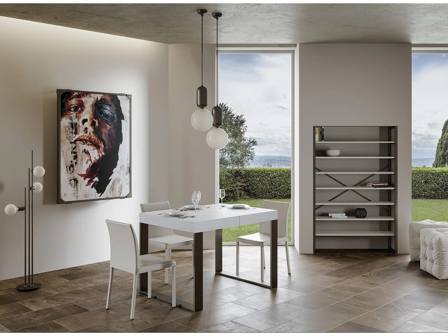 Table extensible 130 à 390cm blanche et pieds métal anthracite Tiroz