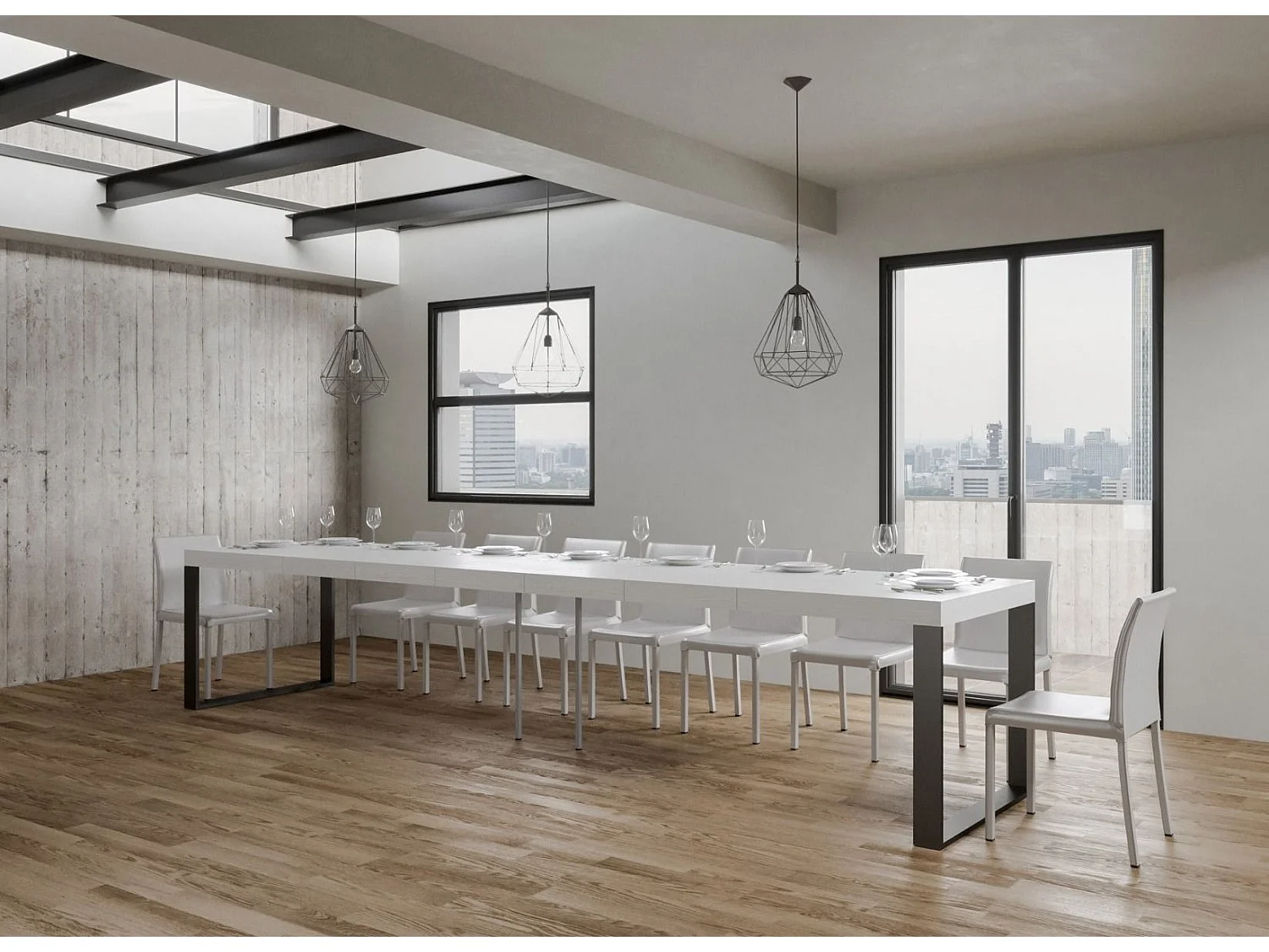 Table extensible 130 à 390cm blanche et pieds métal anthracite Tiroz