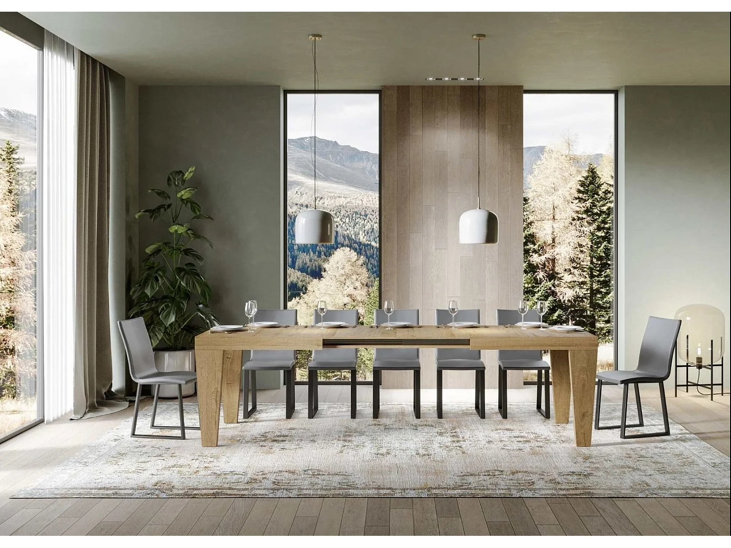 Table extensible 6 à 20 places chêne naturel Kristo 180 à 440cm-Support 4 pieds