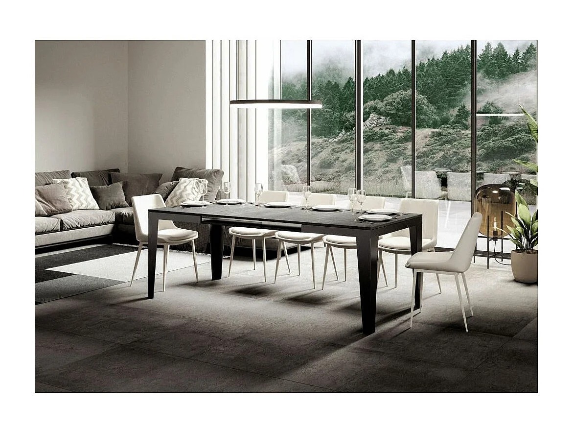 Table rectangulaire extensible 6 à 10 places L 120 à 224cm gris effet béton et pieds acier gris foncé Flavien