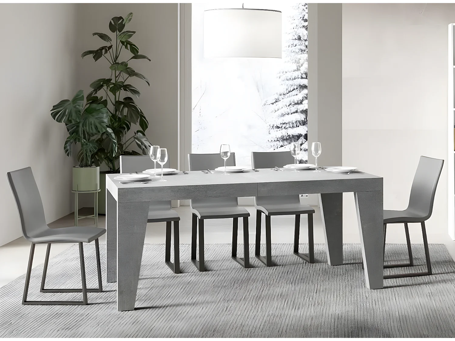 Mesa de comedor extensible de madera Naxo.-Color Gris cemento-Soporte 2 pies-Alargaderas -Ancho extensible