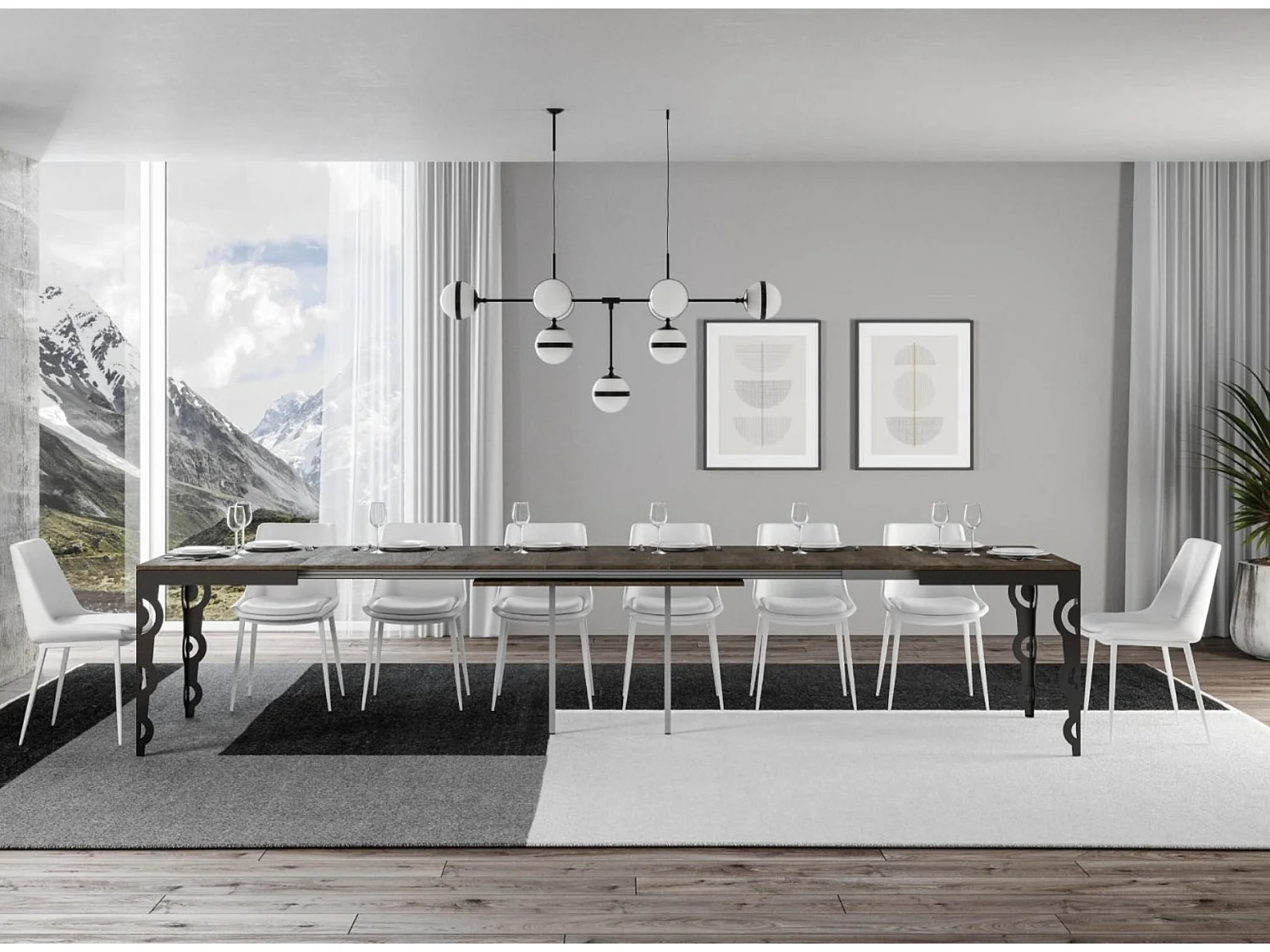 Rechthoekige uitschuifbare tafel voor 6 tot 16 personen L 120 tot 380 cm notenhout en antraciet metalen frame Zakary