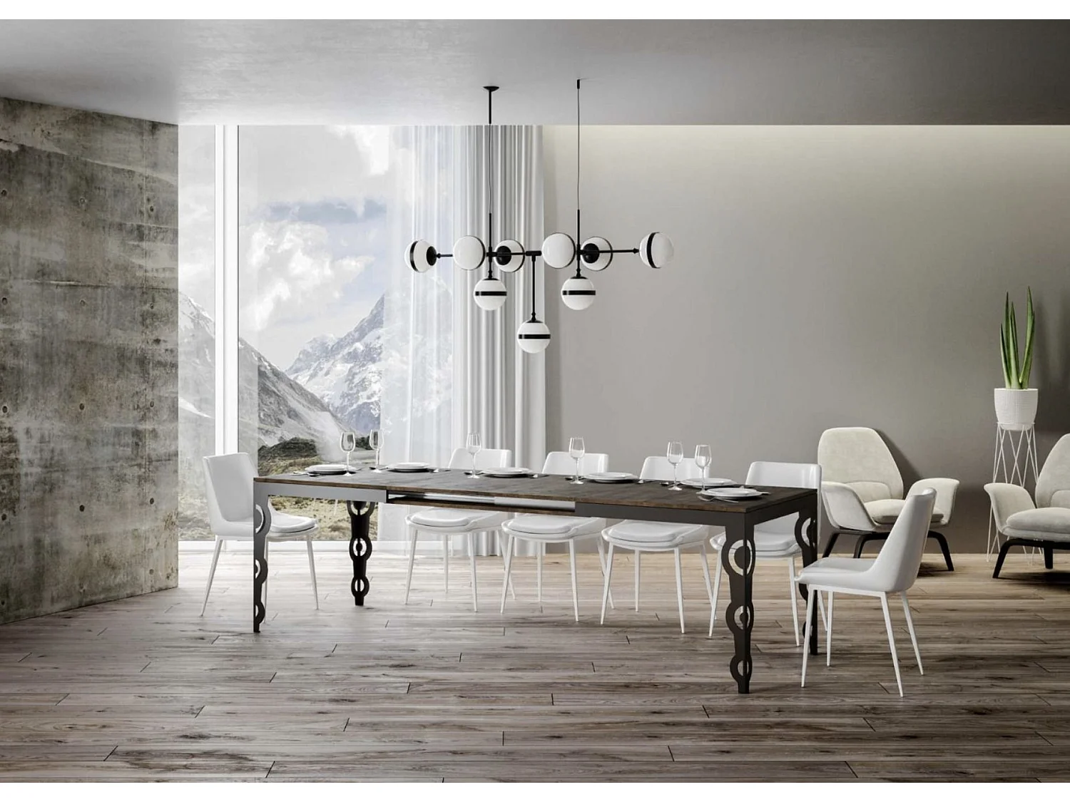 Rechthoekige uitschuifbare tafel voor 6 tot 16 personen L 120 tot 380 cm notenhout en antraciet metalen frame Zakary