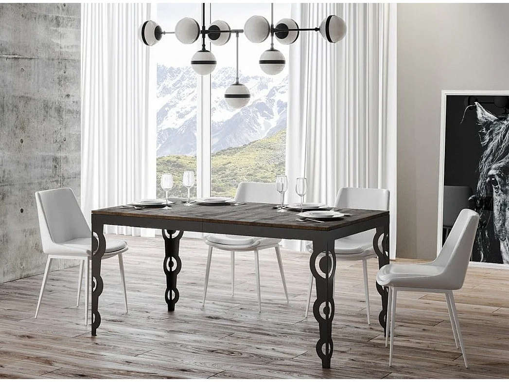 Rechthoekige uitschuifbare tafel voor 6 tot 16 personen L 120 tot 380 cm notenhout en antraciet metalen frame Zakary