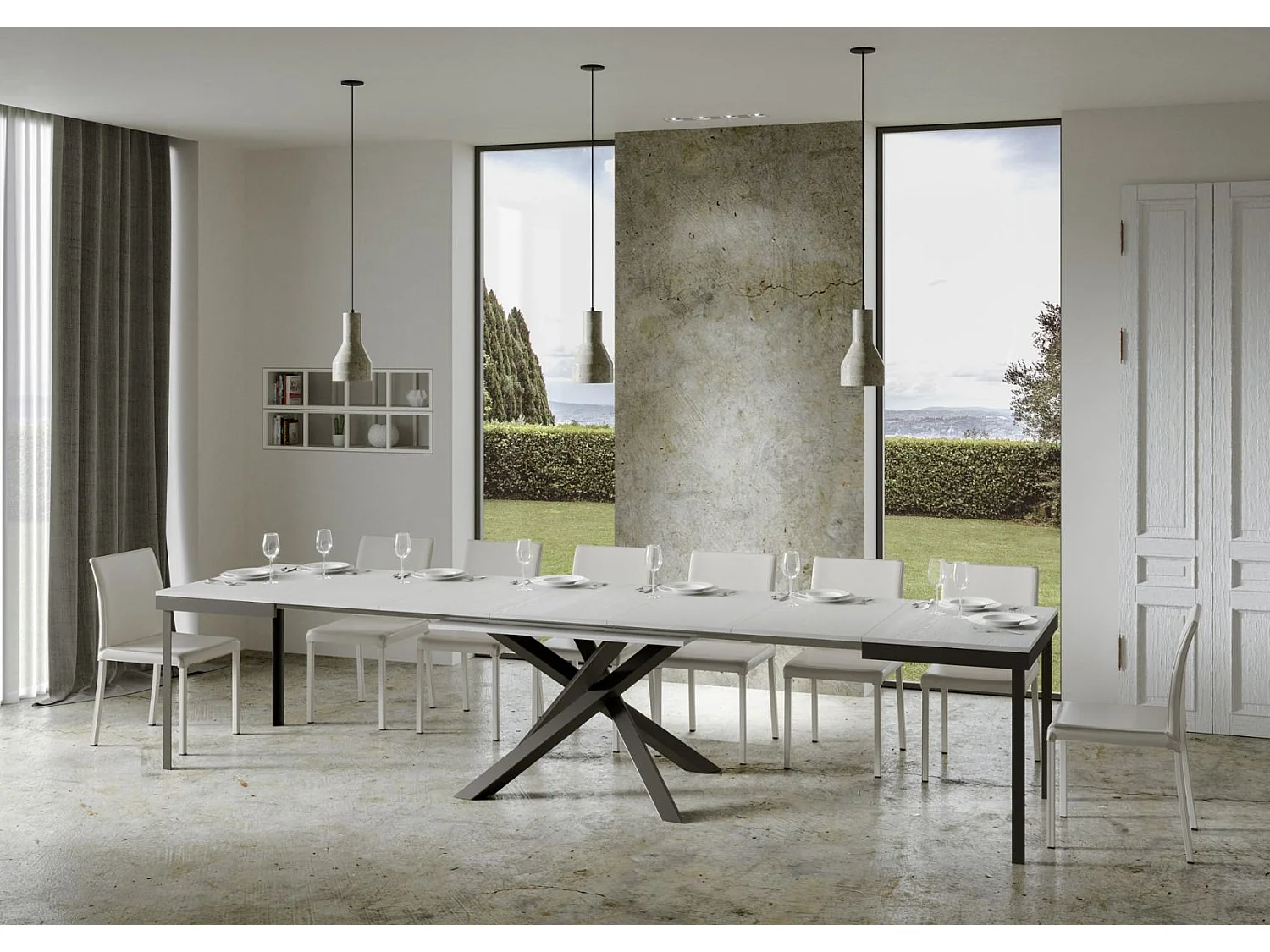 Table extensible 6 à 18 personnes blanche et pieds entrelacés anthracite L 160 à 420cm Klass