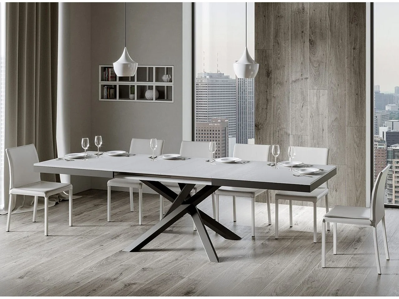 Table extensible 6 à 18 personnes blanche et pieds entrelacés anthracite L 160 à 420cm Klass