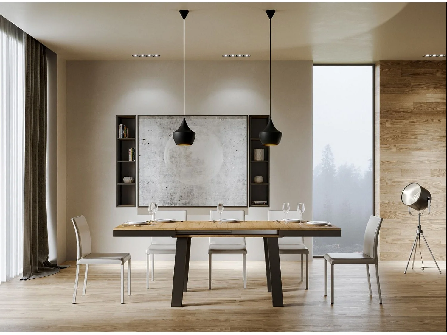 Mesa extensible Bidy de 6 a 10 plazas L 120 a 224 cm madera clara y estructura de metal antracita