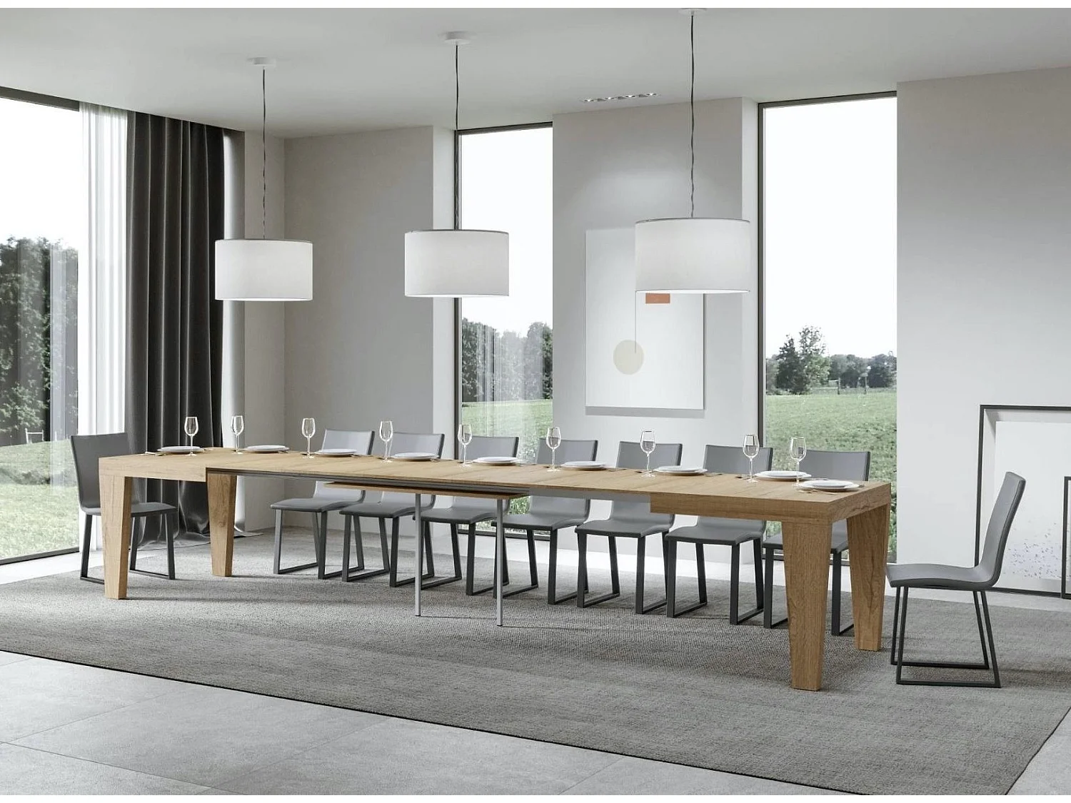 Mesa de comedor extensible de madera Kristo patas en V-Color Natural-Soporte 4 pies-5 alargaderas finas-Ancho extensible