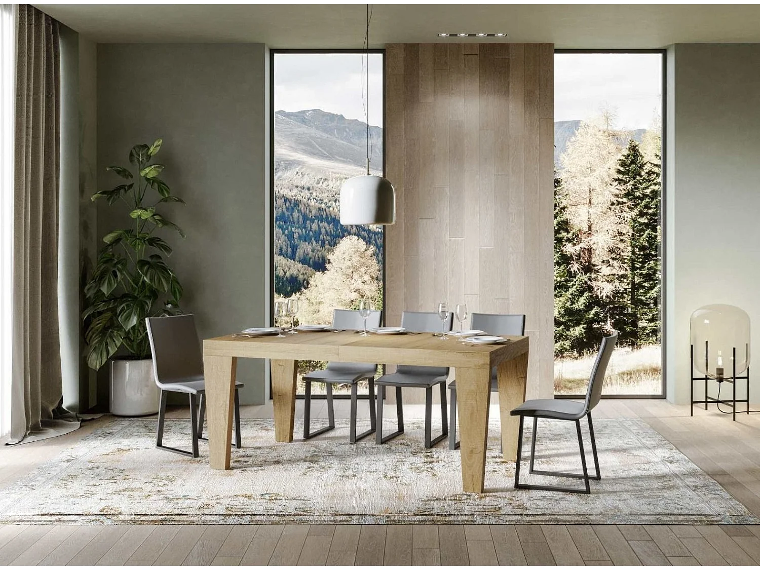 Mesa de comedor extensible de madera Kristo patas en V-Color Natural-Soporte 4 pies-5 alargaderas finas-Ancho extensible