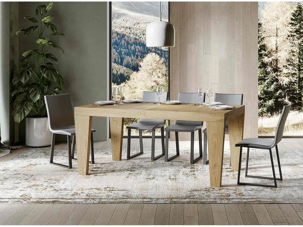Mesa de comedor extensible de madera Kristo patas en V-Color Natural-Soporte 4 pies-5 alargaderas finas-Ancho extensible