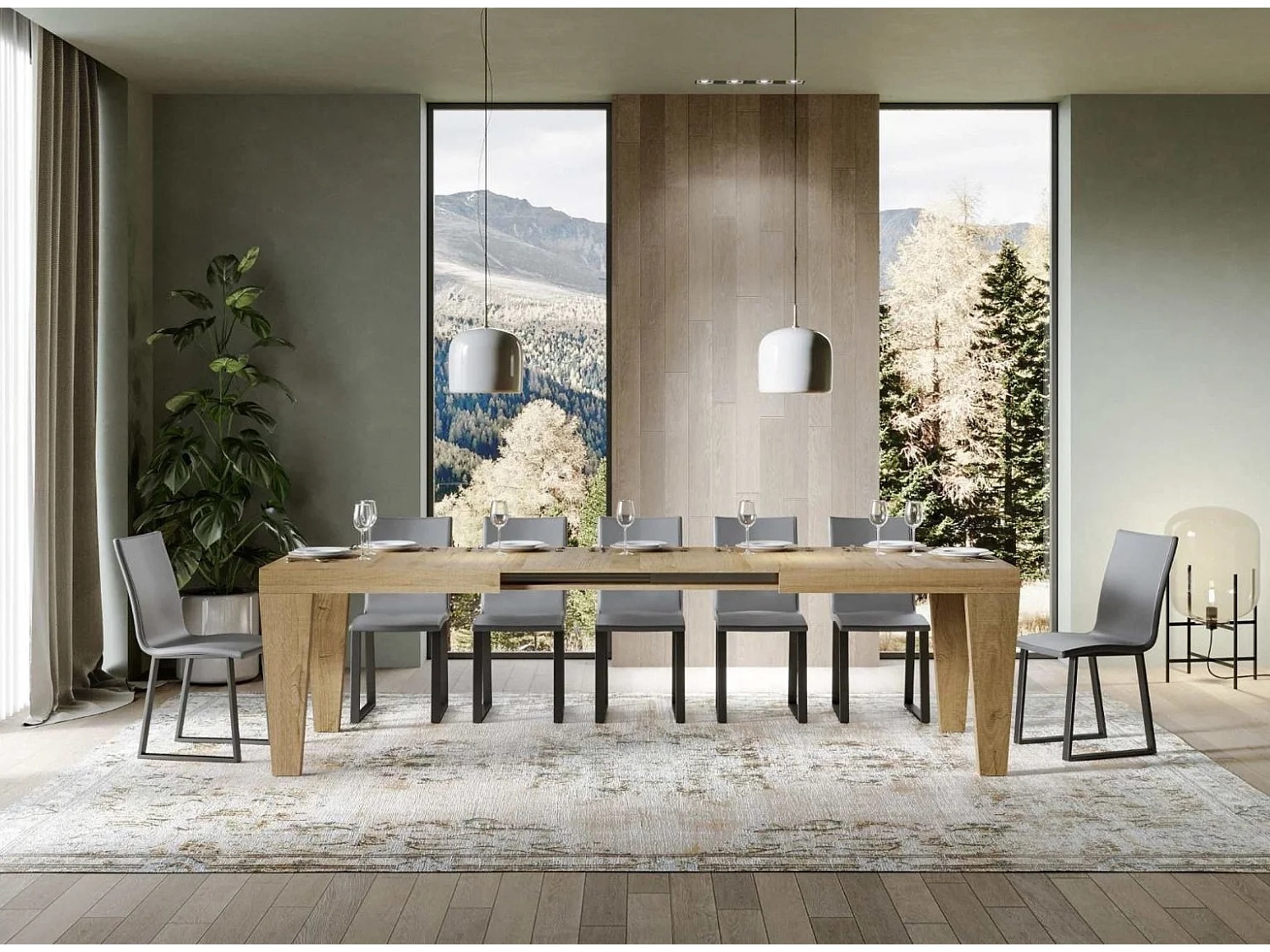 Mesa de comedor extensible de madera Kristo patas en V-Color Natural-Soporte 4 pies-5 alargaderas finas-Ancho extensible