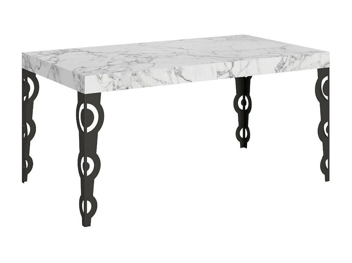 Table rectangulaire extensible orientale 6 à 10 personnes L 160 à 264cm blanc effet marbre et pieds métal anthracite Kazay