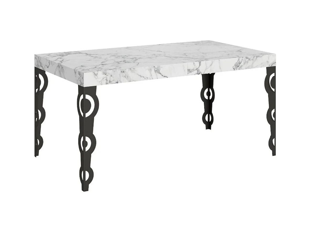 Table rectangulaire extensible orientale 6 à 10 personnes L 160 à 264cm blanc effet marbre et pieds métal anthracite Kazay