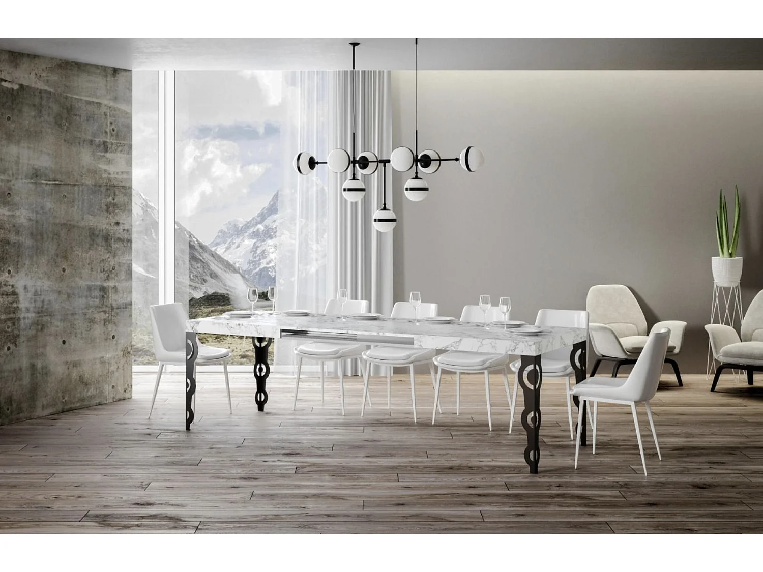 Oosterse uitschuifbare rechthoekige tafel voor 6 tot 10 personen L 160 tot 264 cm wit marmereffect en antraciet metalen poten Kazay