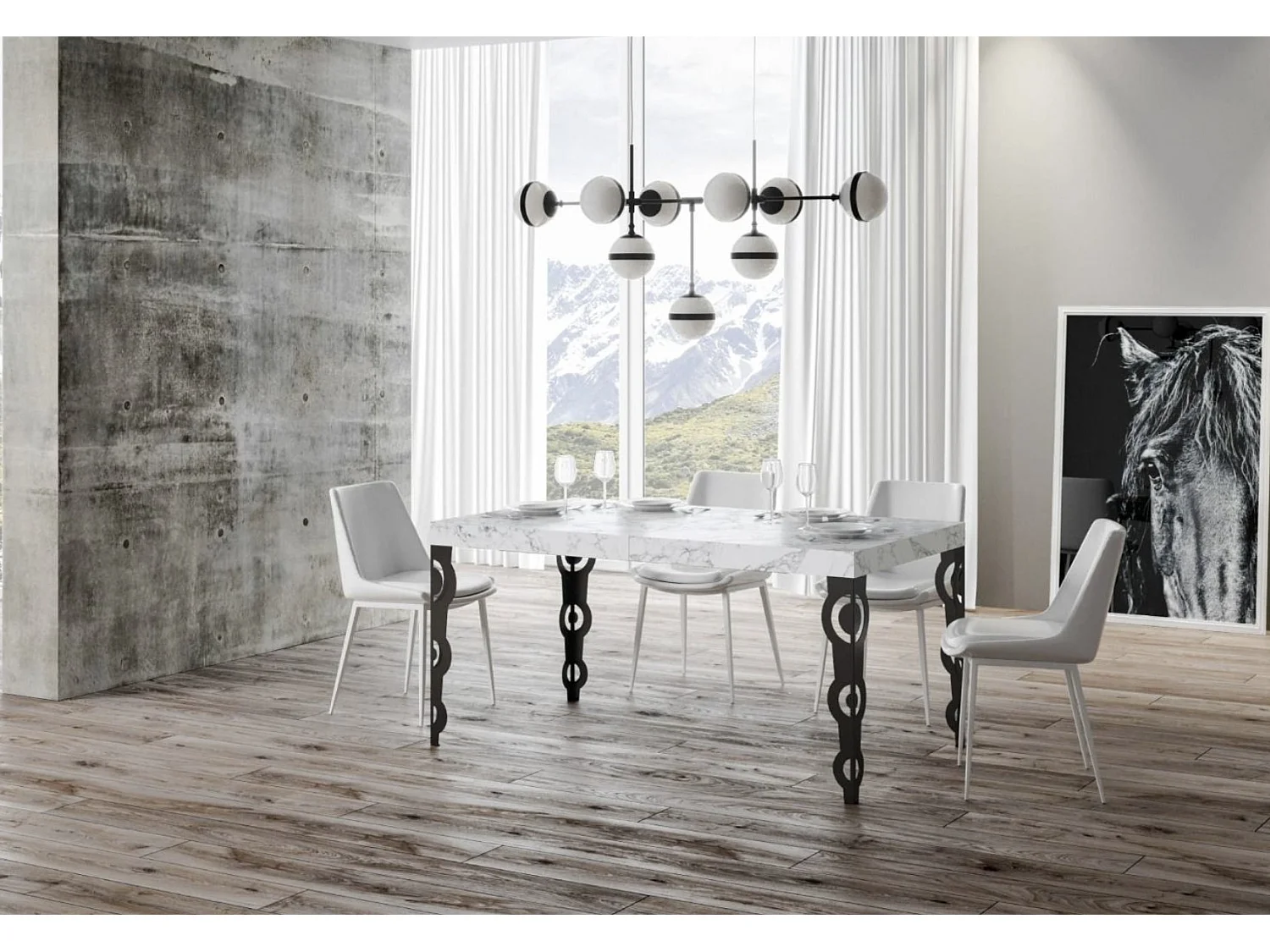 Oosterse uitschuifbare rechthoekige tafel voor 6 tot 10 personen L 160 tot 264 cm wit marmereffect en antraciet metalen poten Kazay