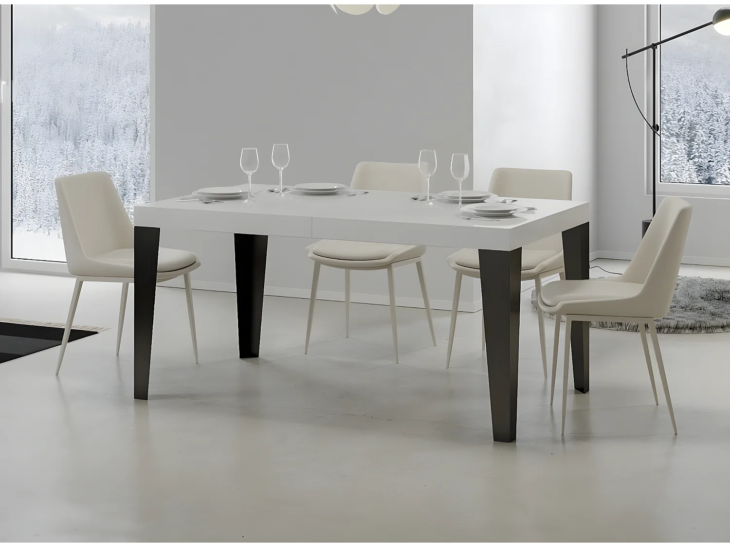 Table rectangulaire extensible 6 à 10 places L 130 à 234cm blanc et pieds métal anthracite Flavio