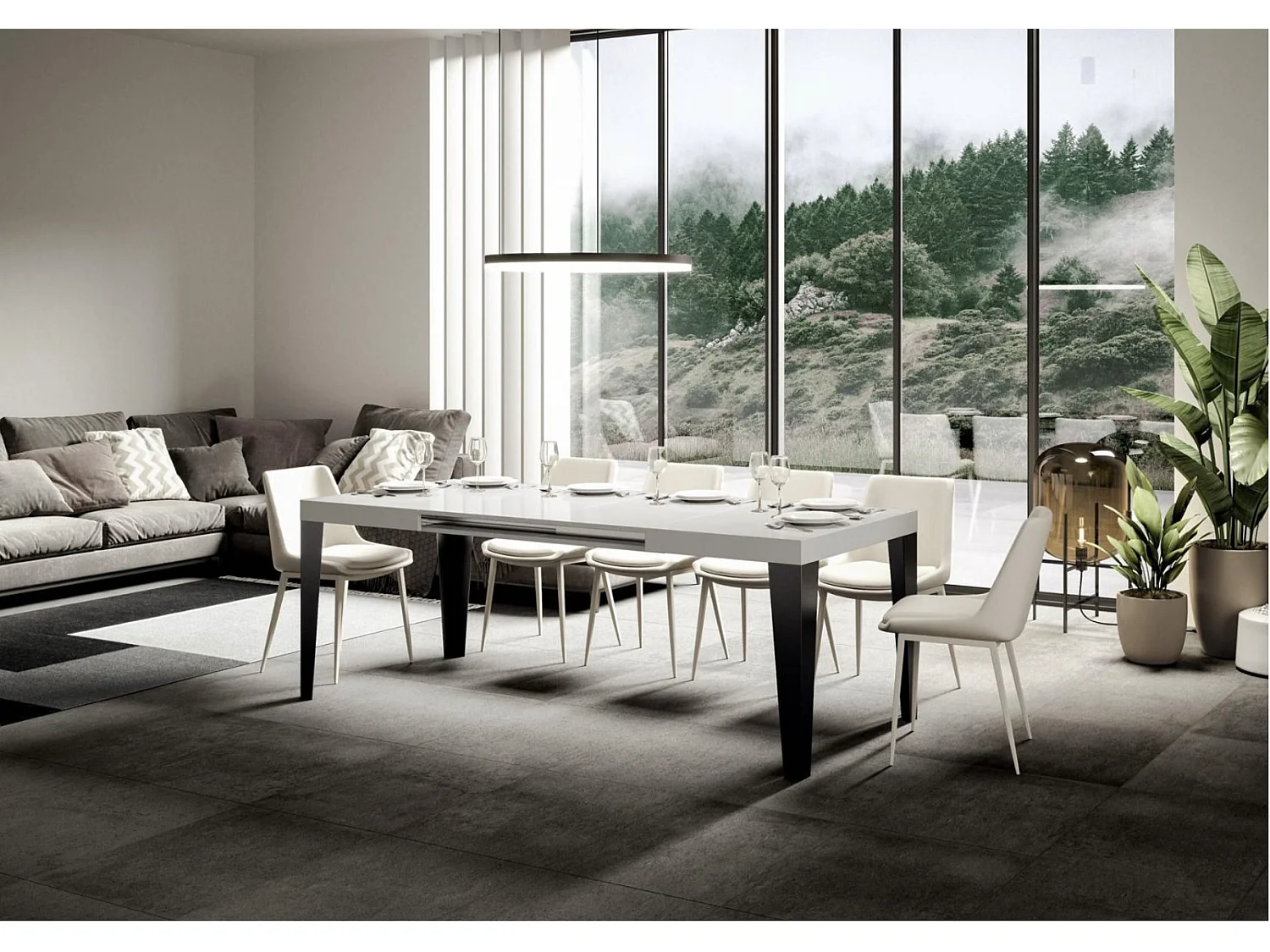 Table rectangulaire extensible 6 à 10 places L 130 à 234cm blanc et pieds métal anthracite Flavio