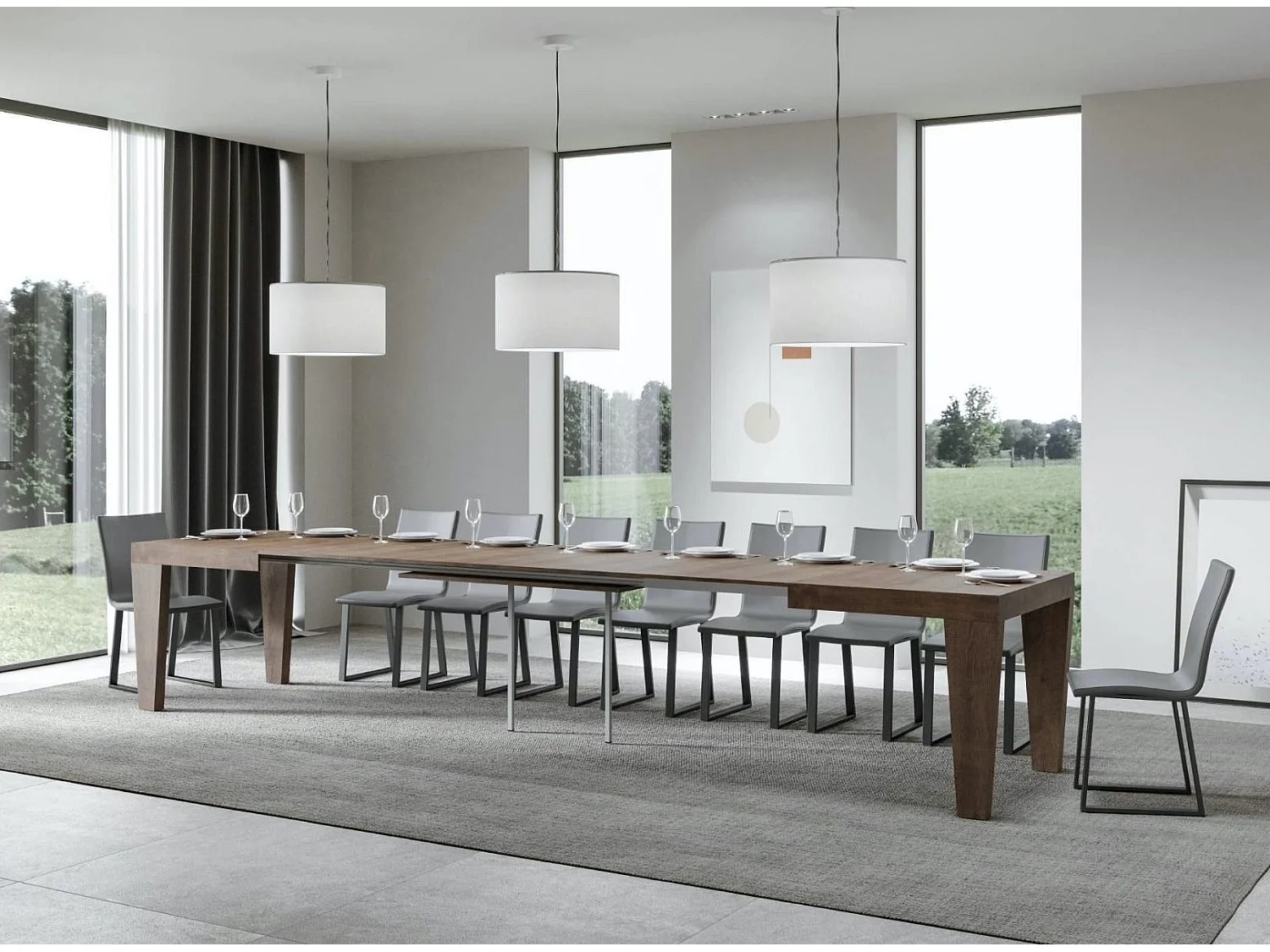 Table extensible 6 à 20 places bois foncé Kristo 180 à 440cm-Support 4 pieds