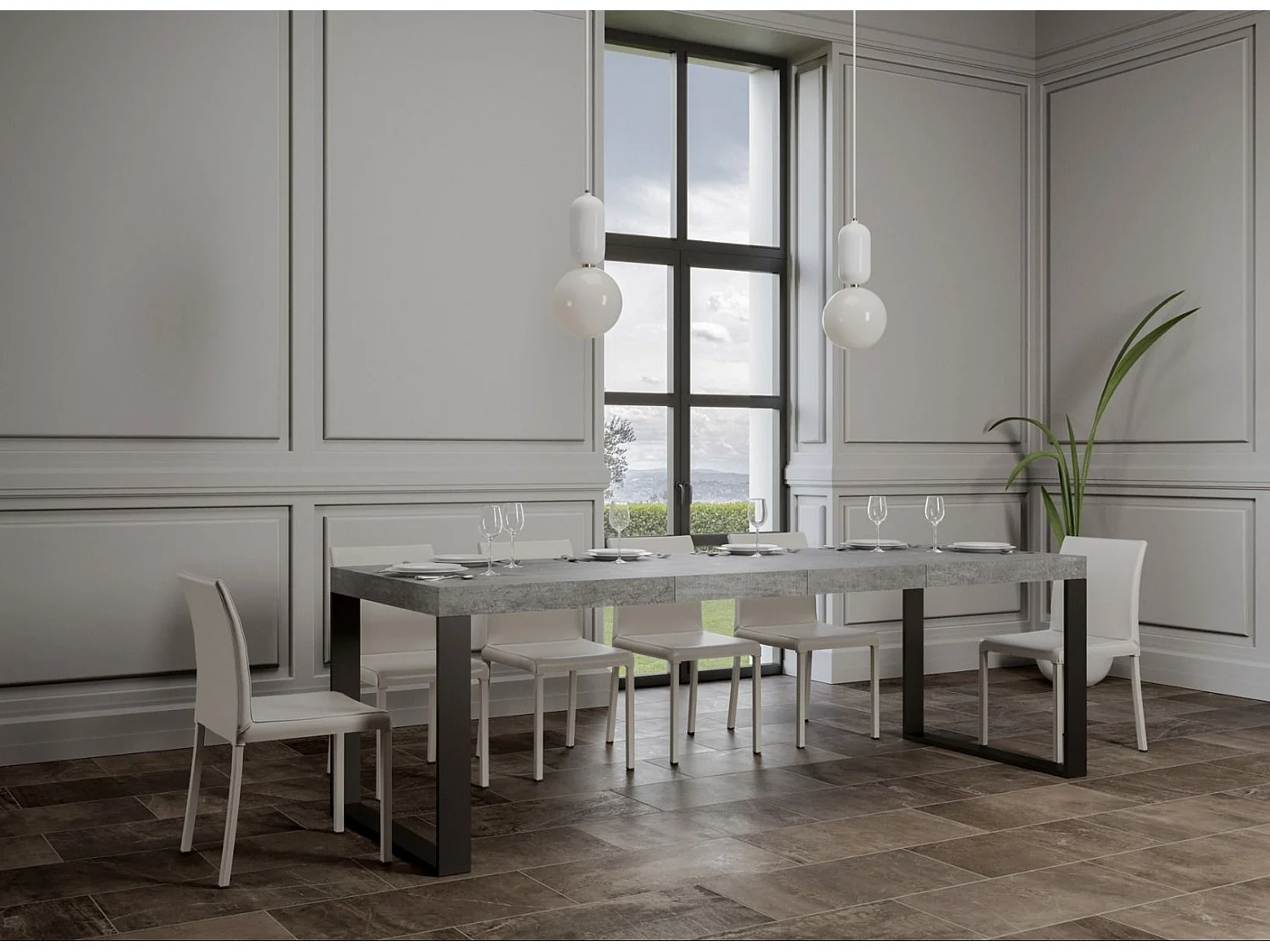 Mesa de comedor extensible tiroz-Color Gris cemento-Soporte 2 pies-5 alargaderas finas-Ancho extensible