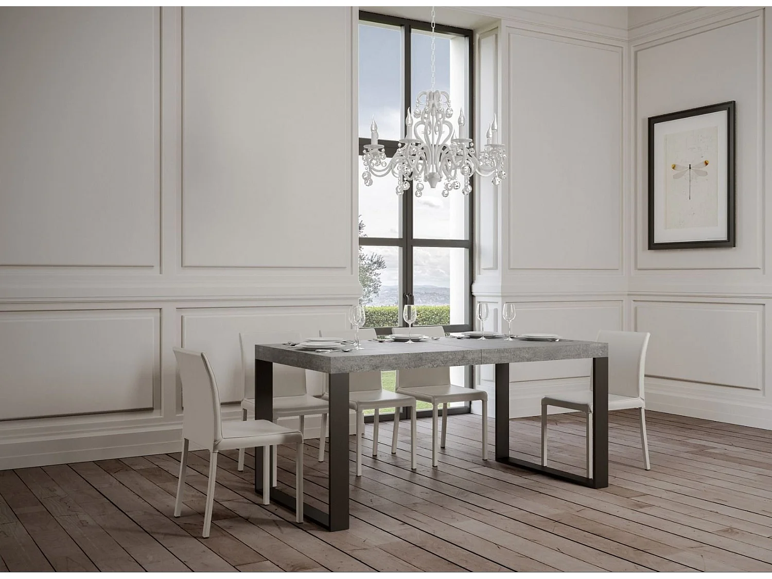 Mesa de comedor extensible tiroz-Color Gris cemento-Soporte 2 pies-5 alargaderas finas-Ancho extensible