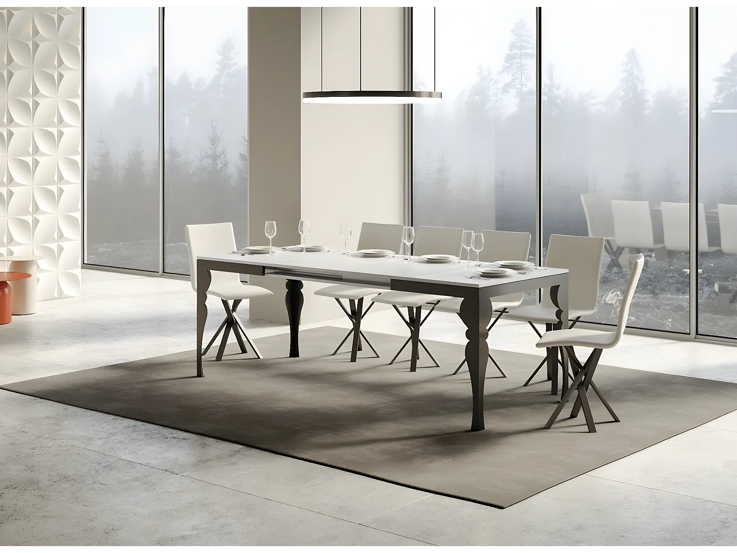 Mesa extensible con patas de acero antracita, estilo oriental Torza evolución-Color Blanco-Soporte 2 pies-Ancho extensible