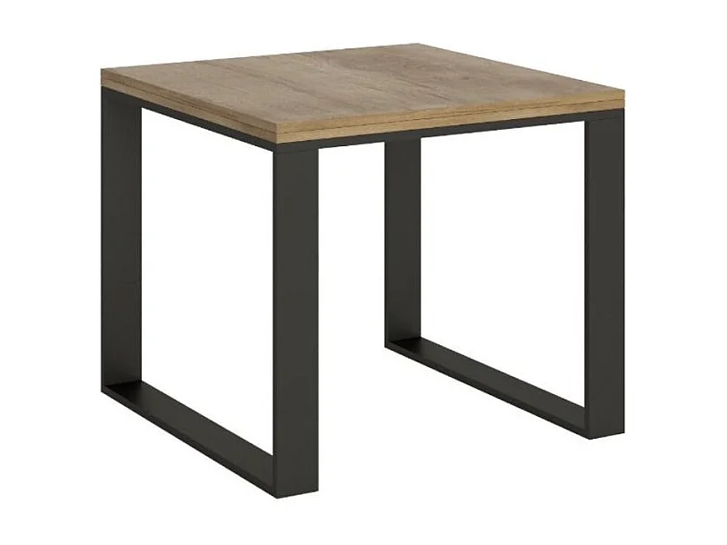 Table carrée extensible 4 à 6 places L 90 à 180cm bois clair avec cadre et pieds métal anthracite Likro