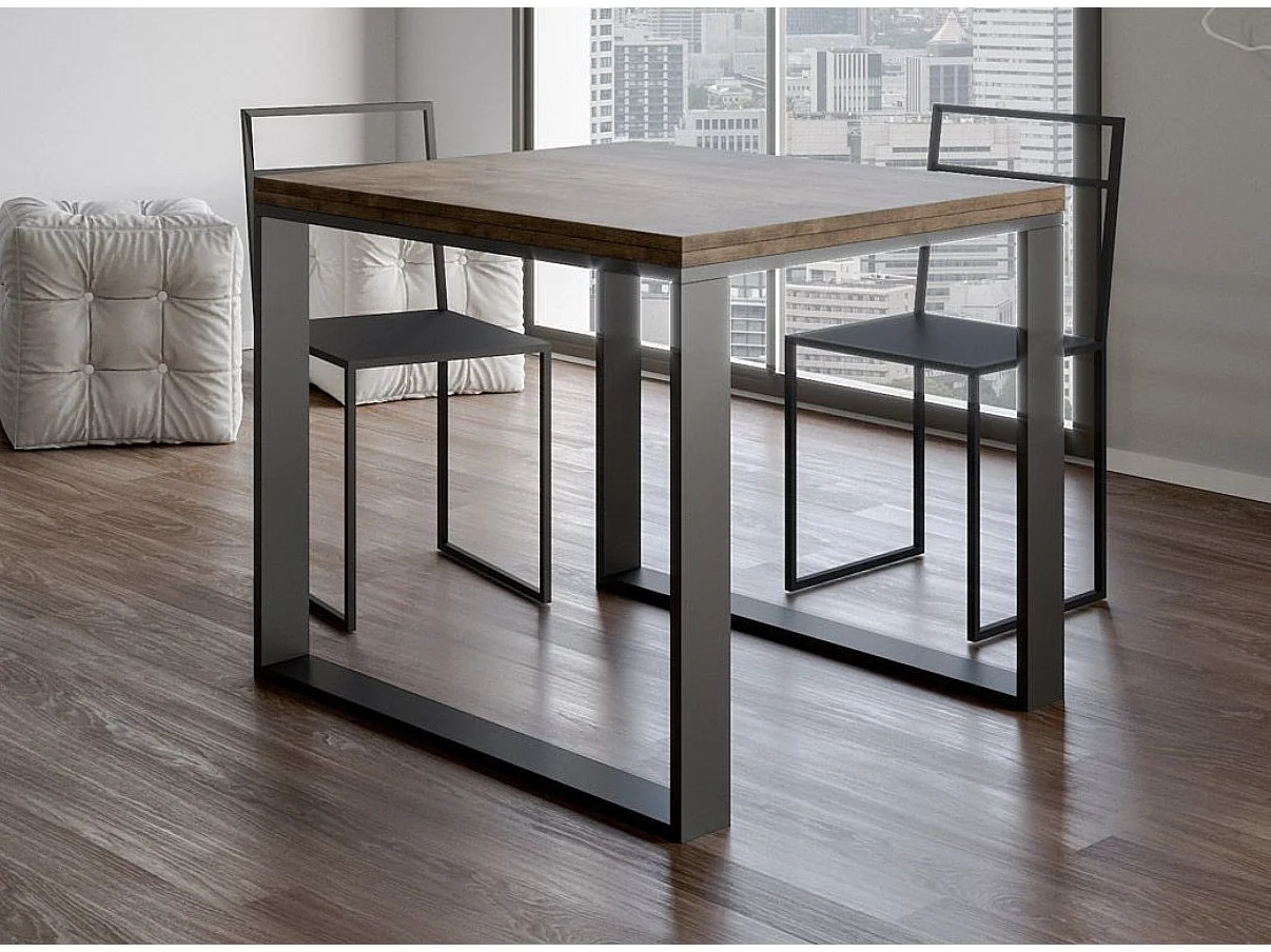 Vierkante uitschuifbare tafel 4 tot 6 plaatsen L 90 tot 180 cm licht hout met antraciet metalen frame en poten Likro