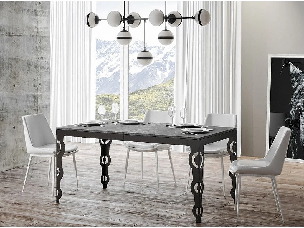 Mesa oriental extensible rectangular para 6 a 20 personas L 180 a 440 cm estructura de metal gris hormigón y antracita Zakary