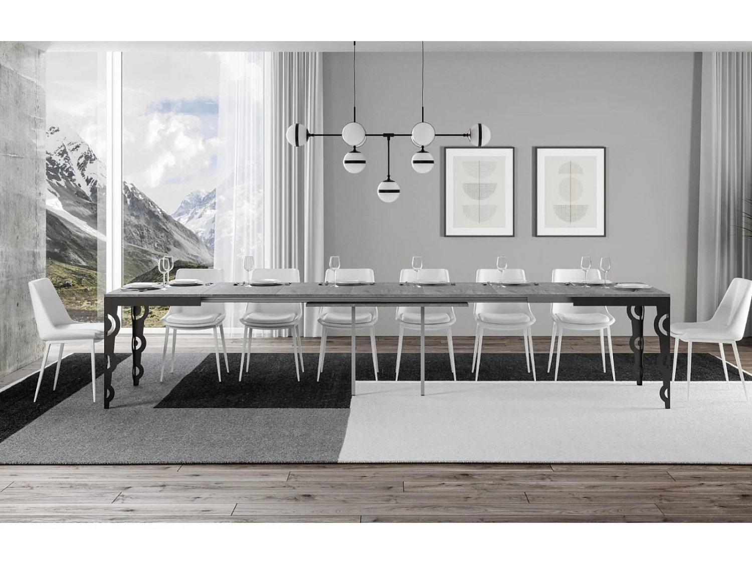 Table rectangulaire extensible orientale 6 à 20 personnes L 180 à 440cm gris béton et cadre métal anthracite Zakary