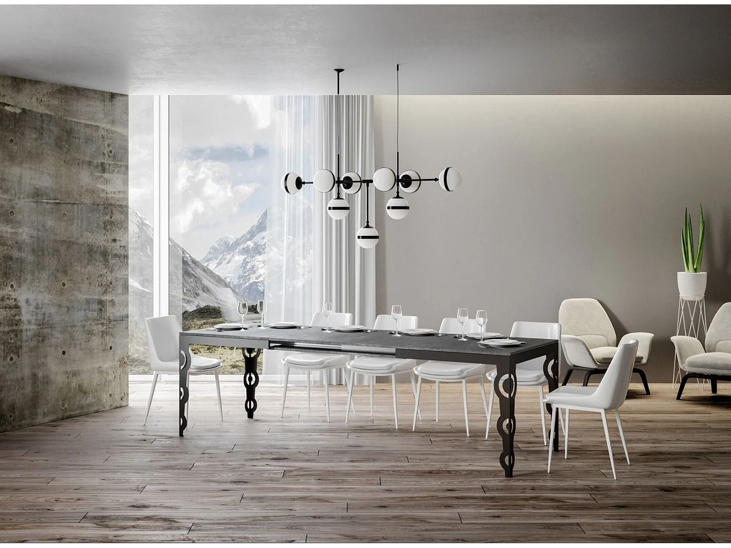 Table rectangulaire extensible orientale 6 à 20 personnes L 180 à 440cm gris béton et cadre métal anthracite Zakary