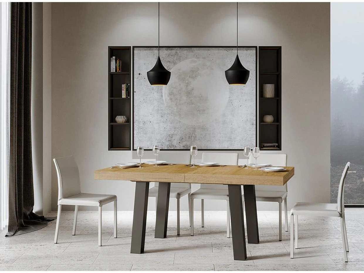 Table extensible 6 à 12 places L 160 à 264cm bois clair et pieds métal anthracite Bidy