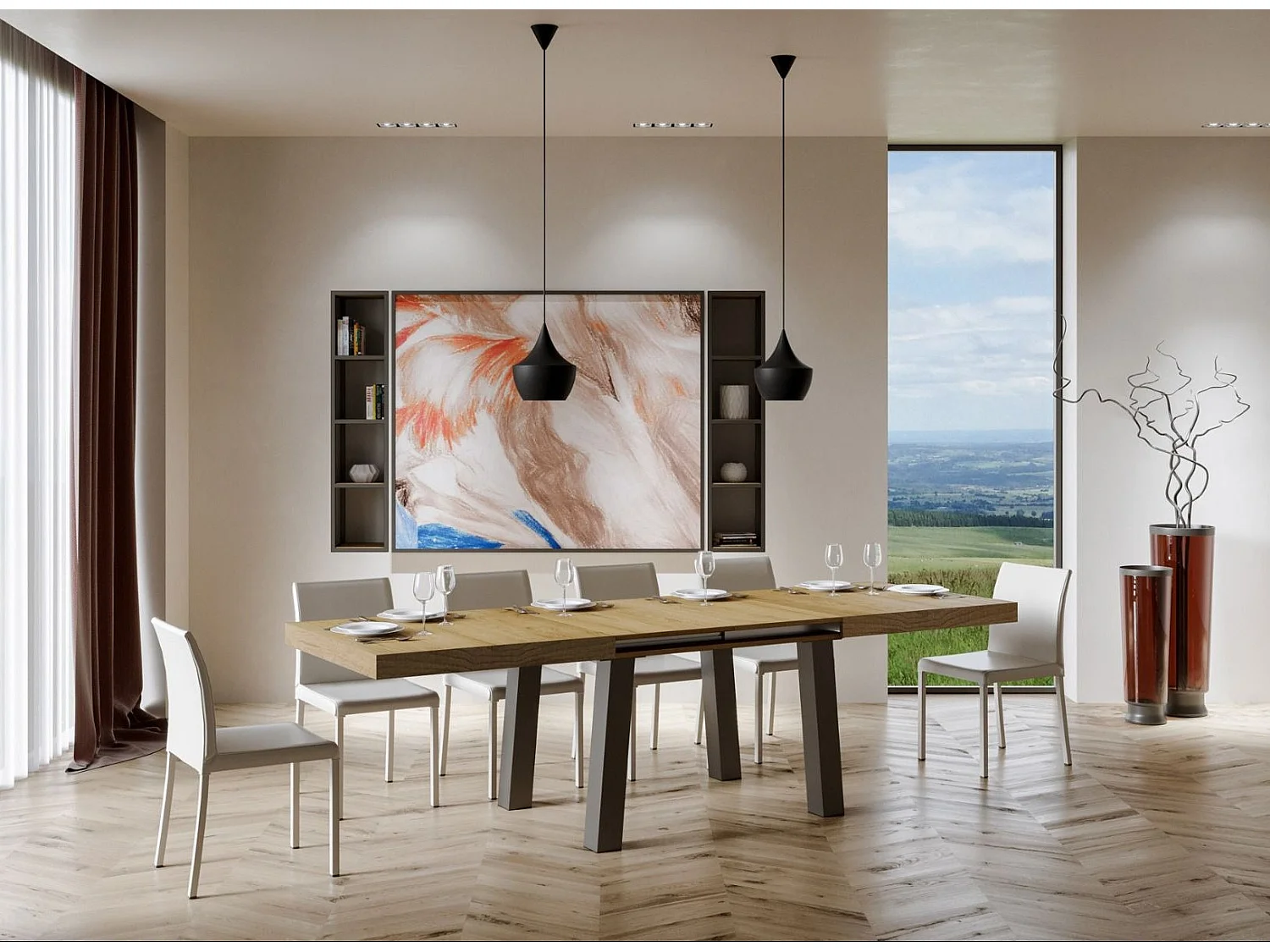 Table extensible 6 à 12 places L 160 à 264cm bois clair et pieds métal anthracite Bidy