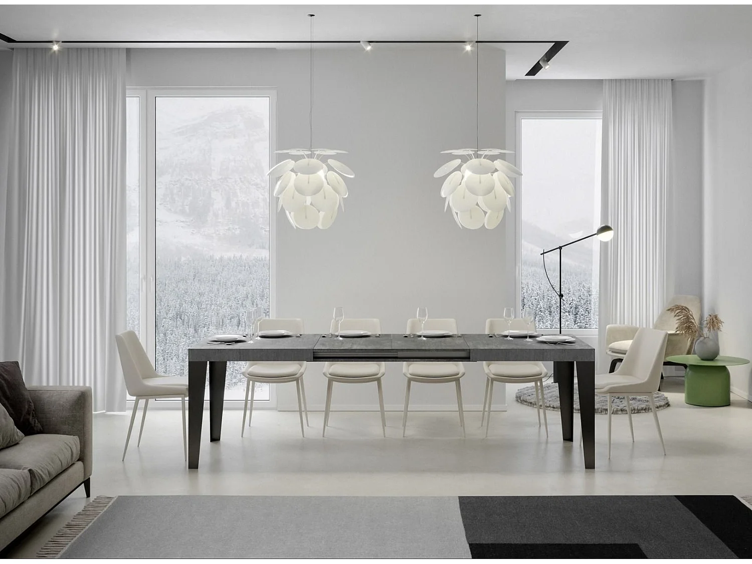 Table rectangulaire extensible 6 à 12 places L 160 à 264cm gris effet béton et pieds métal anthracite Flavio