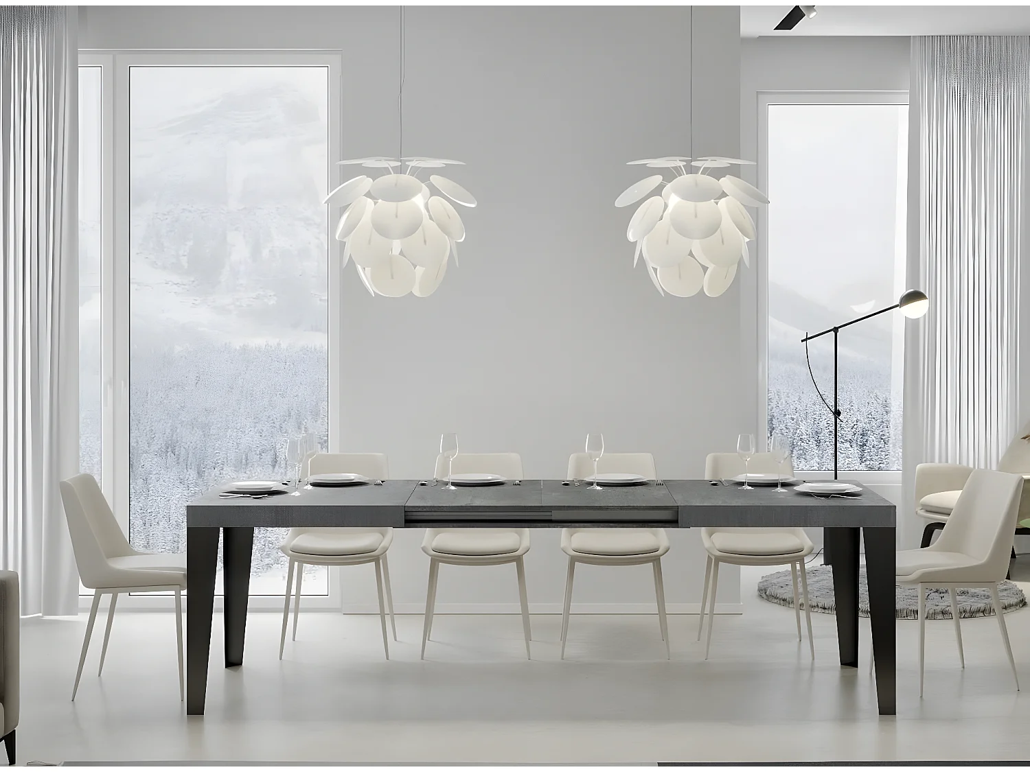 Table rectangulaire extensible 6 à 12 places L 160 à 264cm gris effet béton et pieds métal anthracite Flavio