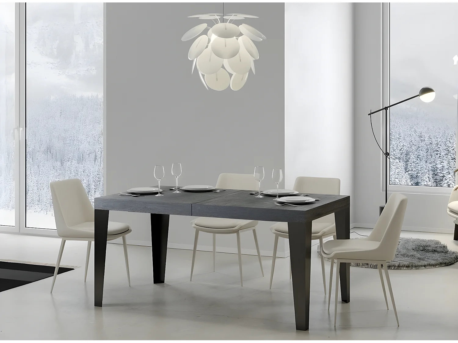 Table rectangulaire extensible 6 à 12 places L 160 à 264cm gris effet béton et pieds métal anthracite Flavio