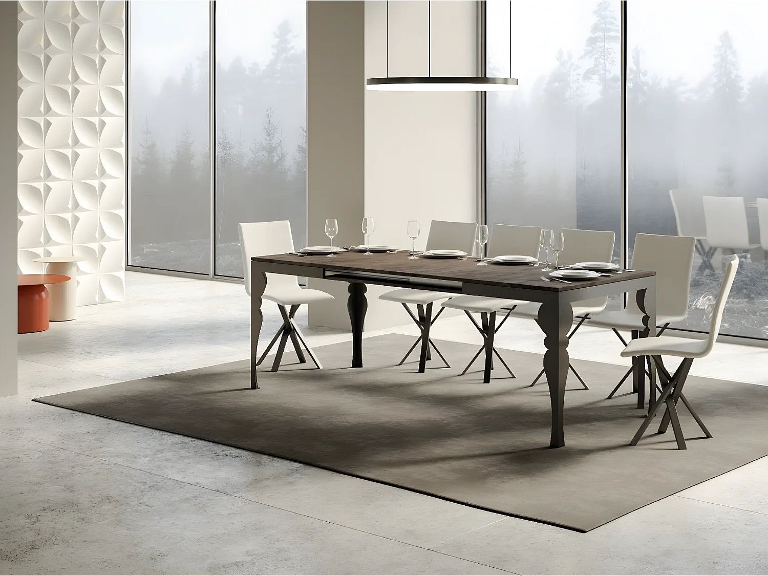 Mesa extensible con patas de acero antracita, estilo oriental Torza evolución-Color Marrón-Soporte 2 pies-Ancho extensible